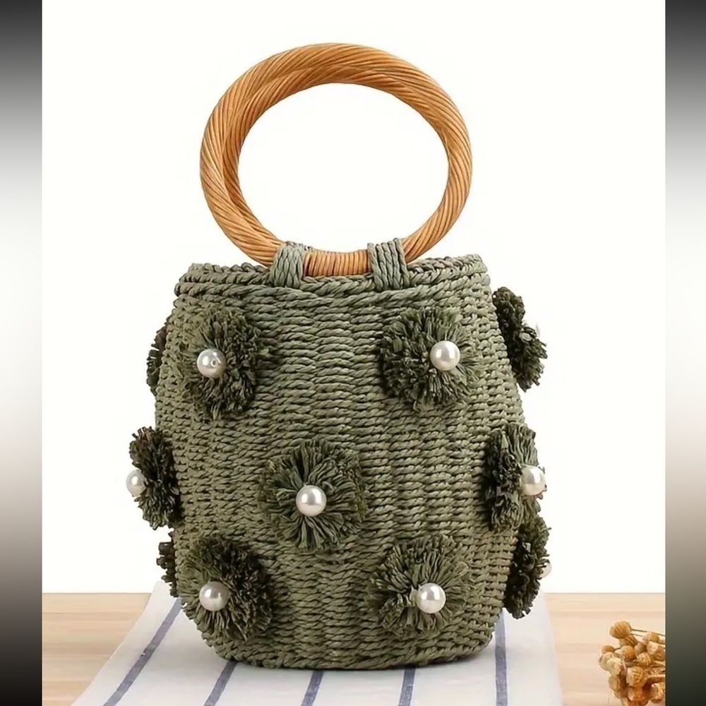 Boho Bag, Woven Straw Rope Busket Bag, Flower Busket in Green